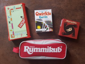 Reise-Monopoly, Quirkle-Cards, Die Werwölfe von Düsterwald &amp; Reise-Rummikub